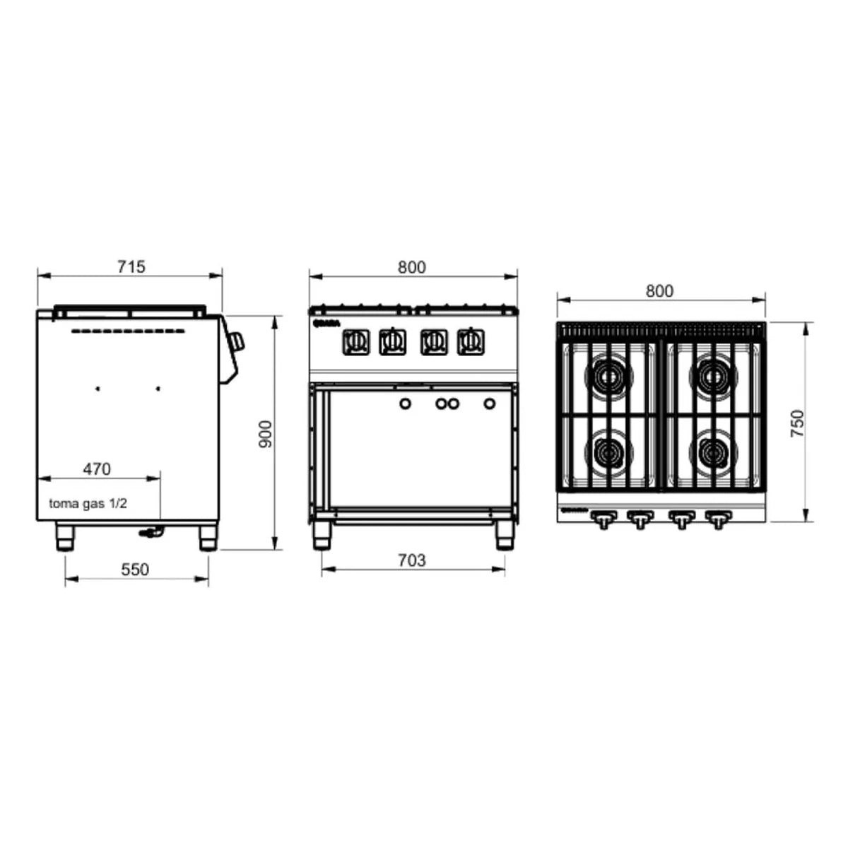 SARA Cocina industrial a gas 4 fuegos con estante serie 750 CGS-740 - vista 2