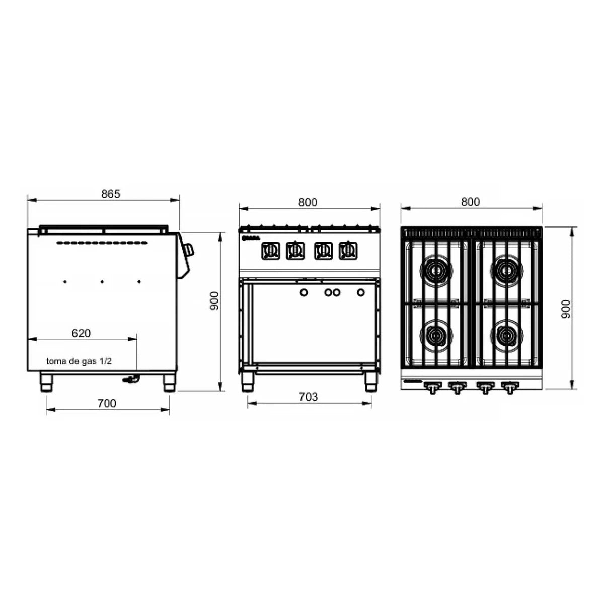 SARA Cocina industrial a gas 4 fuegos con estante serie 900 CGS-940 - vista 2