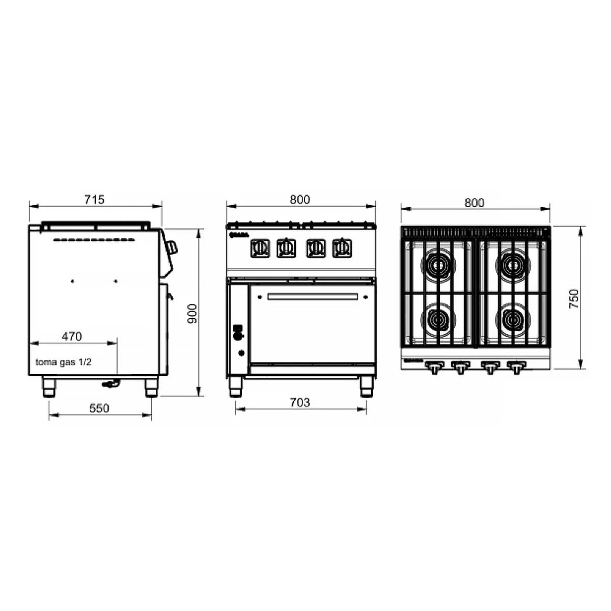 SARA Cocina industrial a gas 4 fuegos con horno serie 750 CGS-741 - vista 2