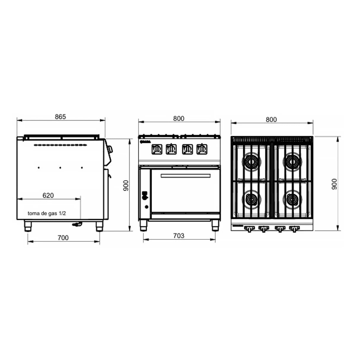 SARA Cocina industrial a gas 4 fuegos con horno serie 900 CGS-941 - vista 2