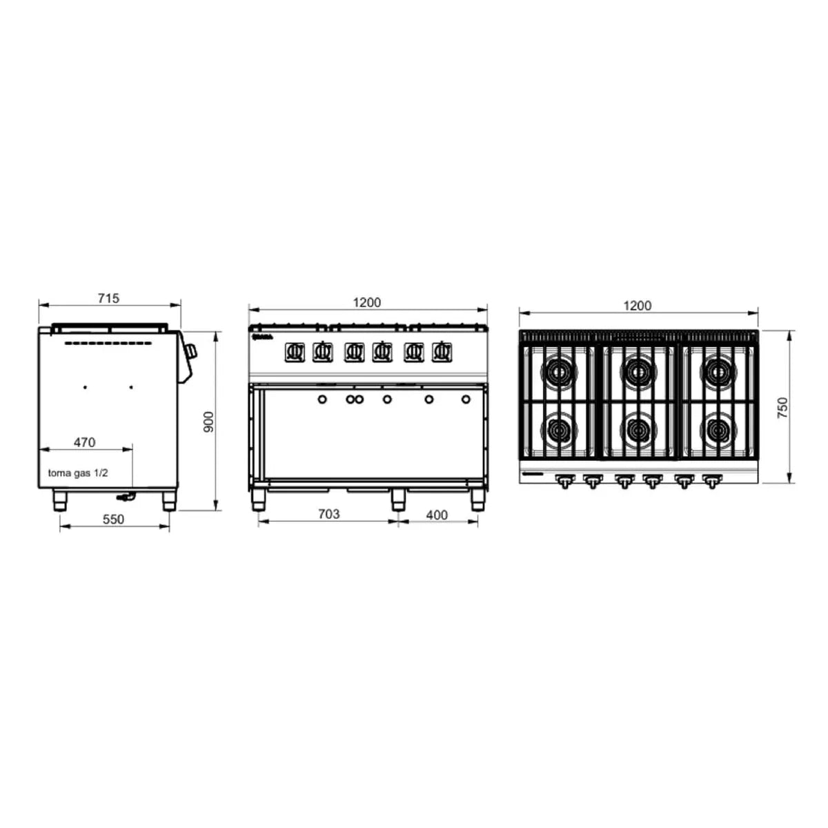 SARA Cocina industrial a gas 6 fuegos con estante serie 750 CGS-760 - vista 2