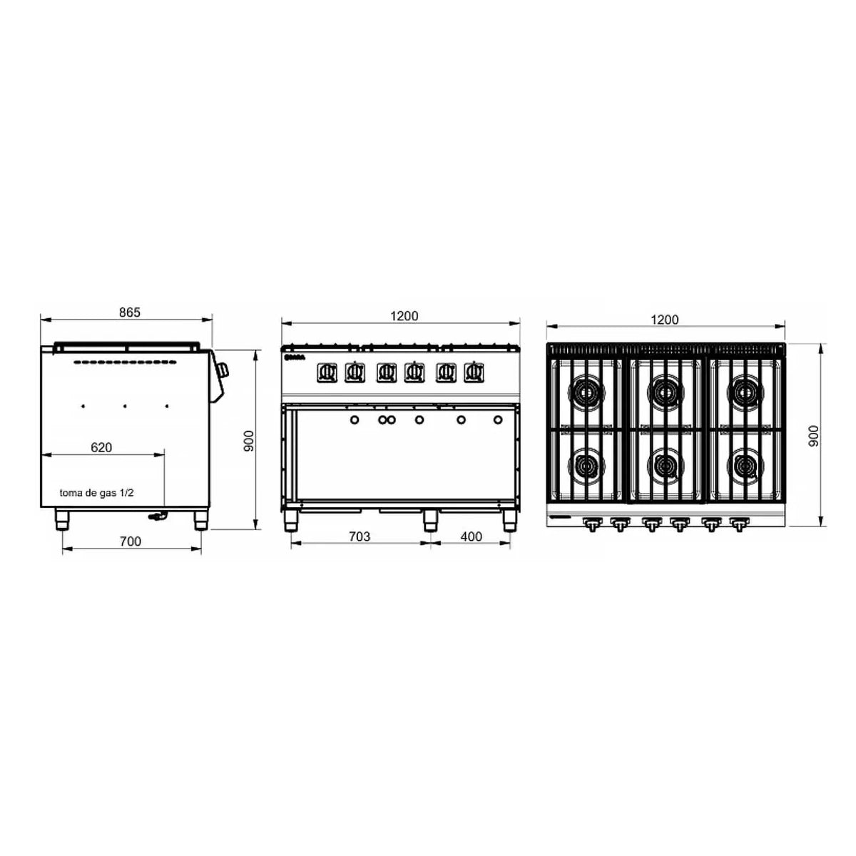SARA Cocina industrial a gas 6 fuegos con estante serie 900 CGS-960 - vista 2