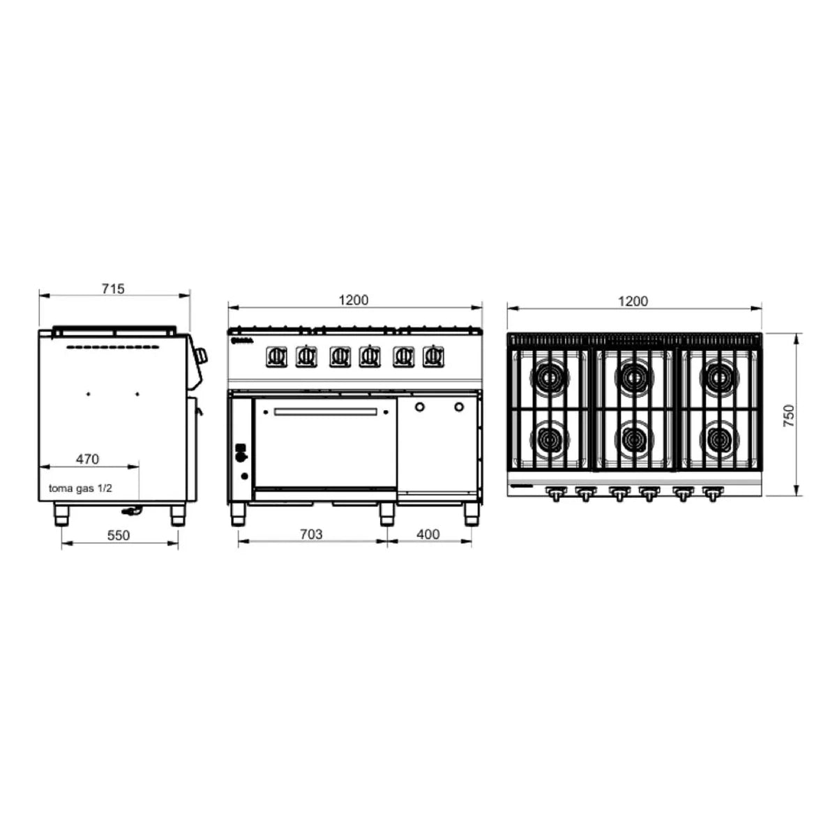 SARA Cocina industrial a gas 6 fuegos con horno serie 750 CGS-761 - vista 2