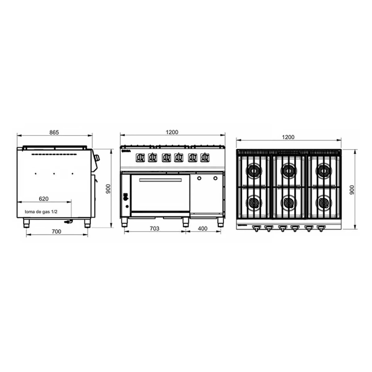 SARA Cocina industrial a gas 6 fuegos con horno serie 900 CGS-961 - vista 2