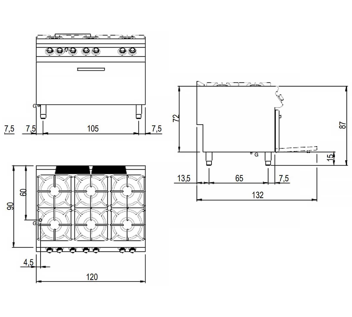Horno profesional maxi GN 2/1 integrado en cocina industrial Savemah de 120 cm