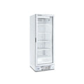 Vitrina congelador vertical blanca con puerta de vidrio y estantes interiores