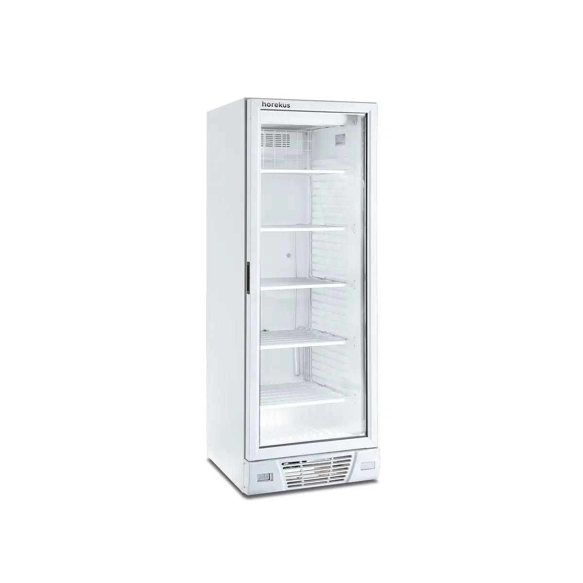 Vitrina congelador vertical blanca con puerta de vidrio y estantes interiores