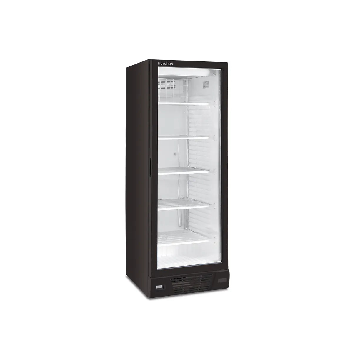 Vitrina congelador vertical negra con puerta de vidrio y sistema de refrigeración inferior