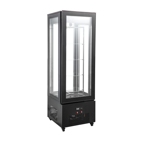 vitrina refrigerada con cuatro caras de cristal, estantes giratorios e iluminación LED panorámica